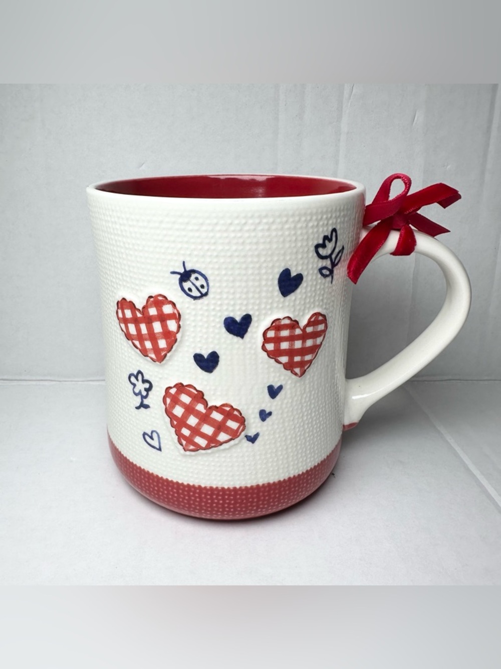 PETAL & PEARL Hand Painted Patriotic Hearts Hobnail MUG-Coffee Cup-Farmhouse Mug